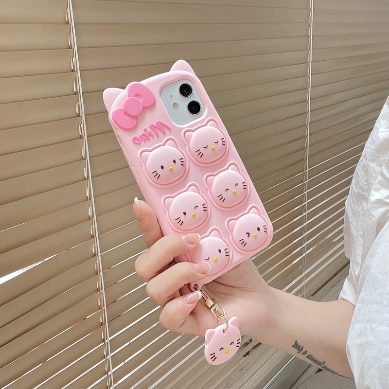 Relieve Stress Pop Fidget Toys Phone Case for iphone 11 12 Pro MAX X XS XR 6 S 7 8 Plus SE 2020 Bow Cat Push Bubble Soft Silicone Cover With Cartoon Cat Pendant