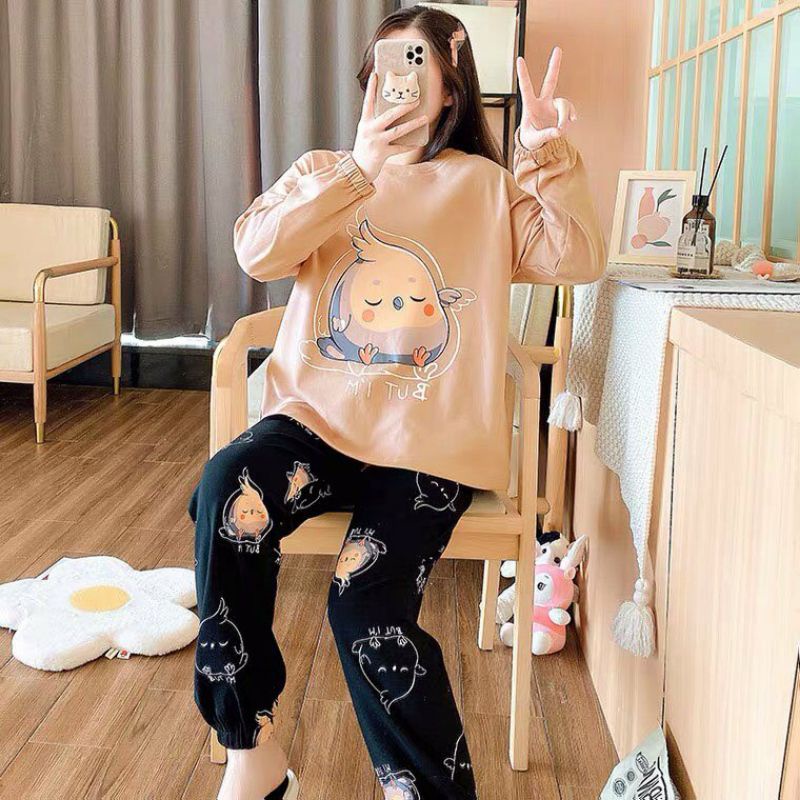 Đồ Bộ Thun Tay Dài Quảng Châu - Pijama Quần Dài - Đồ Mặc Ở Nhà Họa Tiết Hoạt Hình Dễ Thương