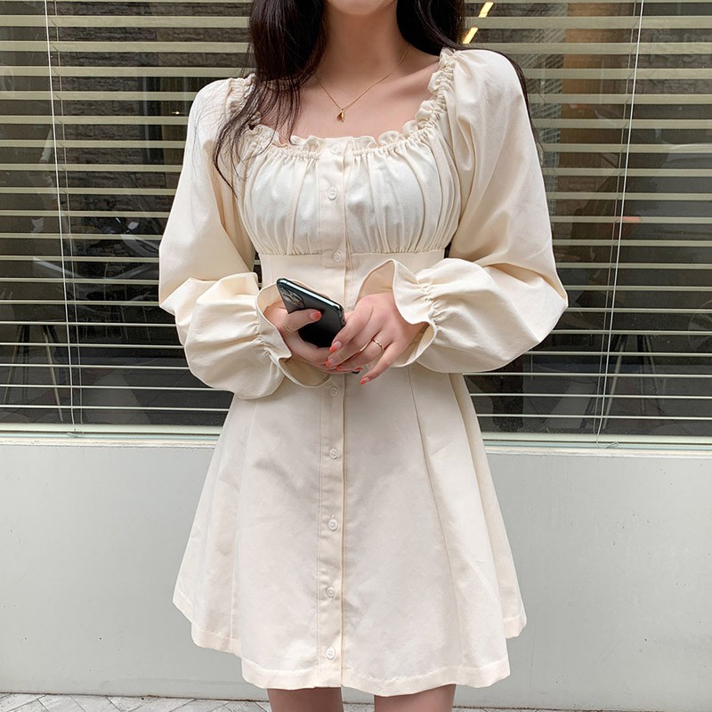 Đầm tiểu thư cổ vuông dài tay màu sắc trang nhã ulzzang vintage - u.w