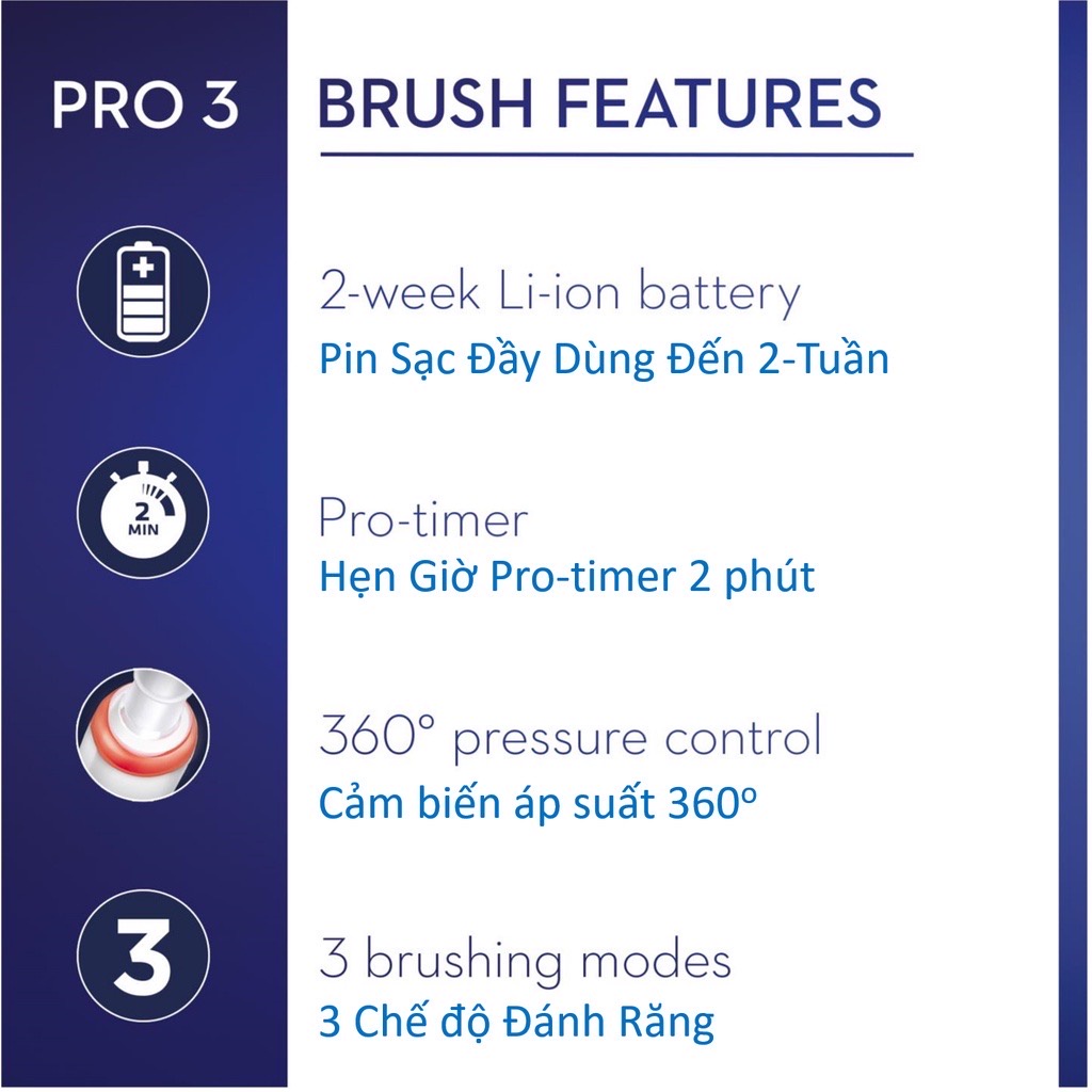 Bàn chải điện Oral B Pro 3 3000 Pure Clean, Sensitive Clean và Cross Action. Made in Germany