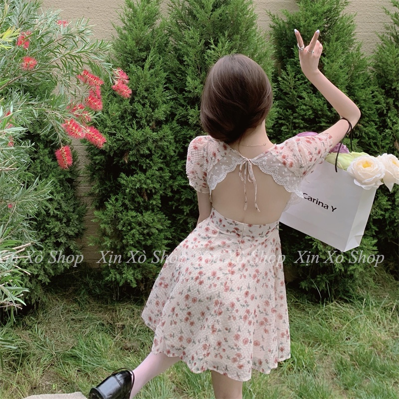 Váy hoa nhí viền ren hở lưng có đệm ngực 2 lớp Đầm nữ dáng ngắn xuân hè 2023
