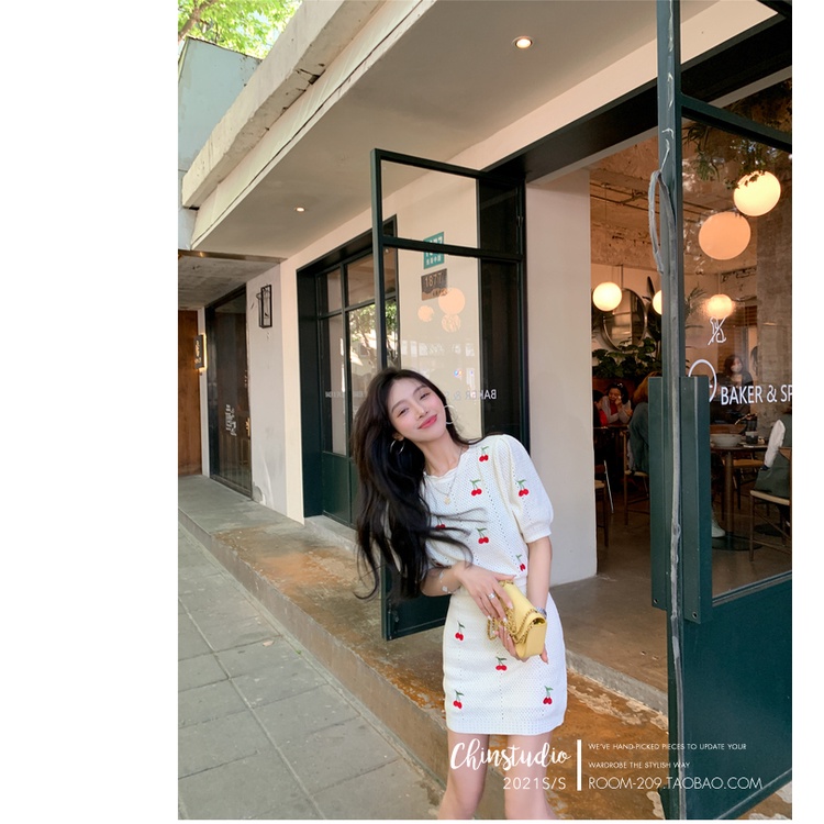 DUNEA Set đồ gồm áo dệt kim cổ chữ V thêu hình trái cherry + chân váy thời trang gợi cảm