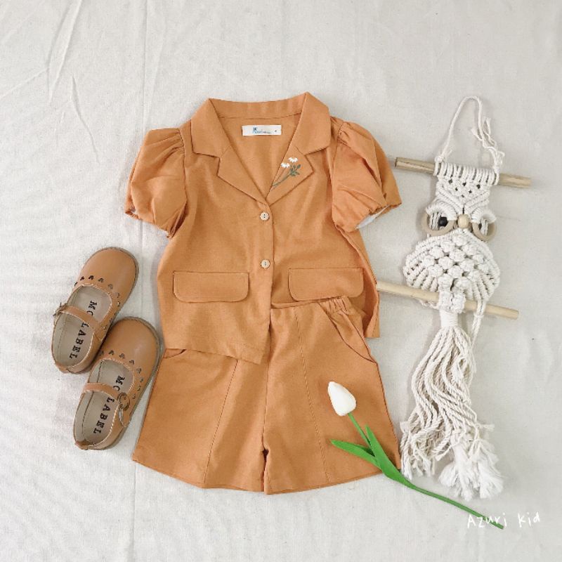 Bộ vest bé gái thêu hoa cúc vải linen mềm bé 1-10 tuổi