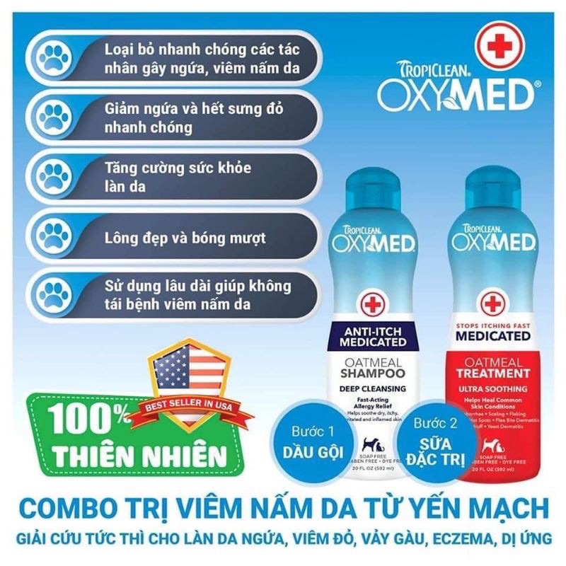 [TROPICLEAN OXYMED] Sữa tắm trị viêm da trên chó mèo Made in USA 🇺🇸