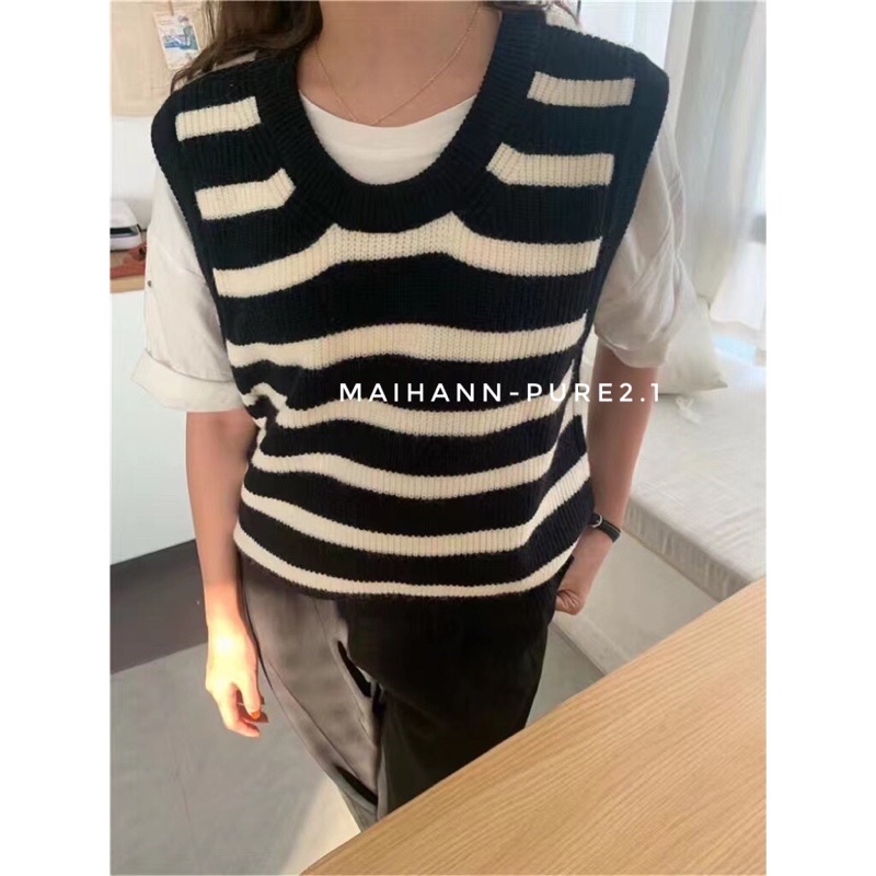 Áo gile kẻ sọc to 4 màu siêu hàn quốc