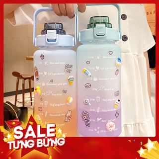 ♥️♥️bình nước 2 lít chia vạch có ống hút ♥️♥️ tặng sticker siêu dễ thương giá rẽ ♥️♥️