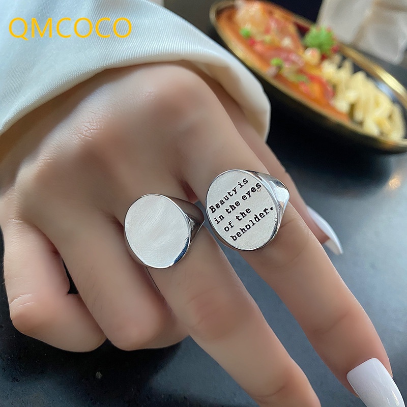 Nhẫn Bạc QMCOCO INS Phong Cách Retro Đơn Giản Hình Oval Mịn Màng In Chữ Tiếng Anh Tinh Tế Dành Cho Nữ Sinh