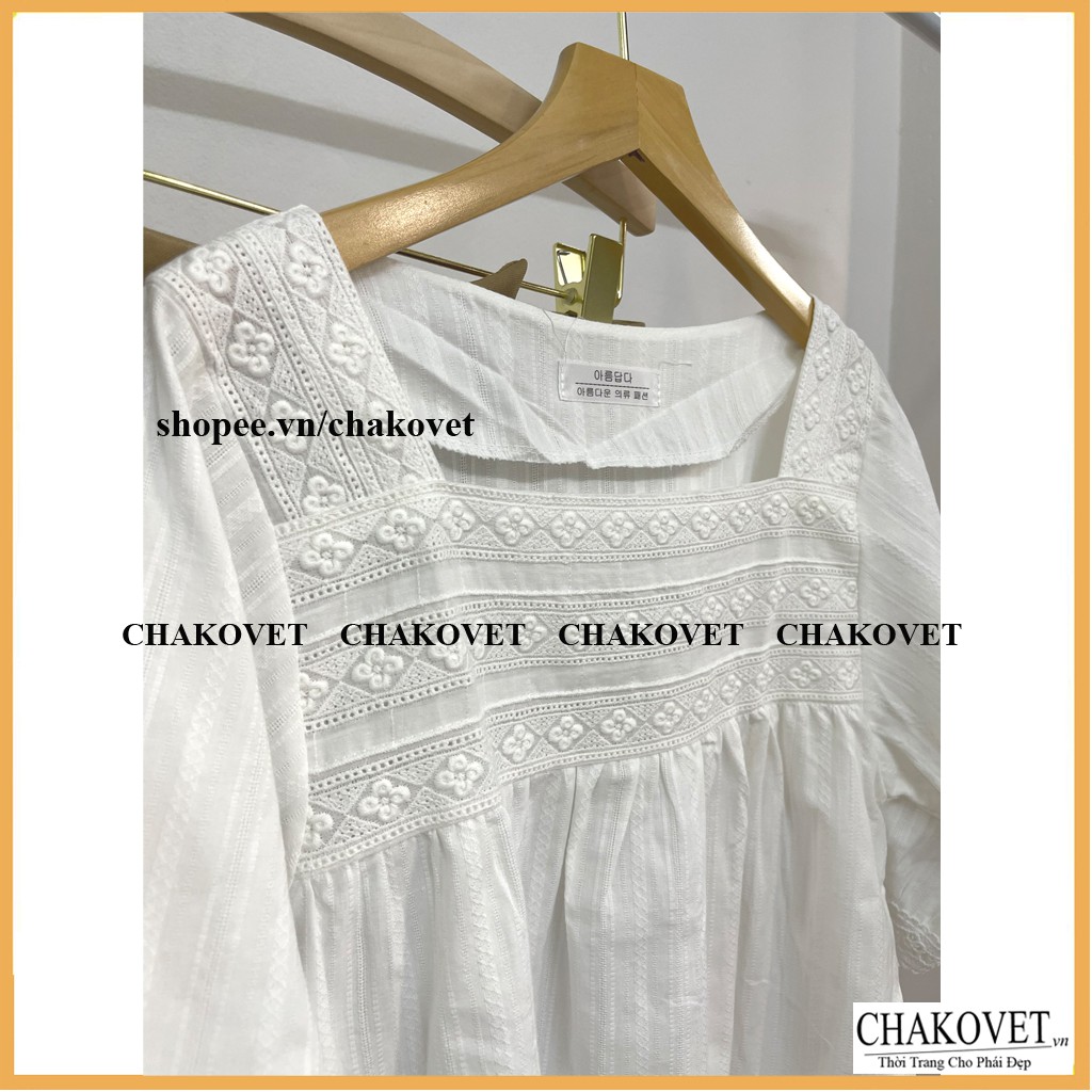 Áo kiểu nữ cộc tay A829 cổ vuông ngực phối ren freesize<55kg mặc đẹp thoáng mát dáng xinh phù hợp đi làm đi học đi chơi | BigBuy360 - bigbuy360.vn