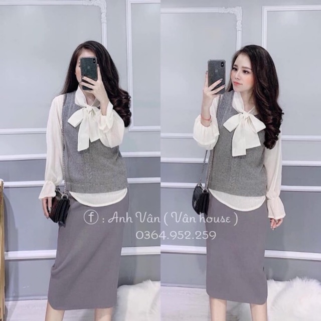 Set 3 món: Áo voan cổ nơ + gile len + chân váy len bút chì cực xinh
