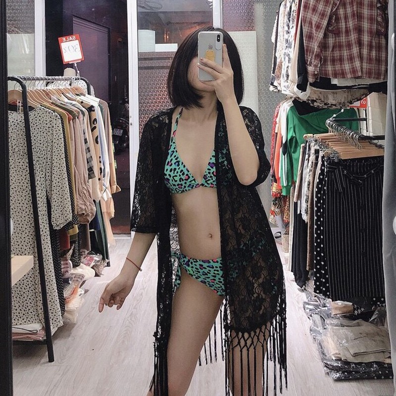 Áo choàng voan, ren khoác ngoài bikini, đồ bơi đi biển đen, trắng bikiniMe R2