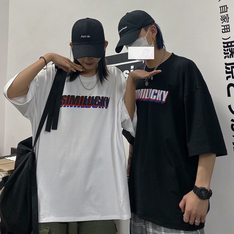 Áo thun tay lỡ form rộng unisex chữ ngực SIMILUCKY, áo phông nam nữ phong cách ulzzang hàn quốc