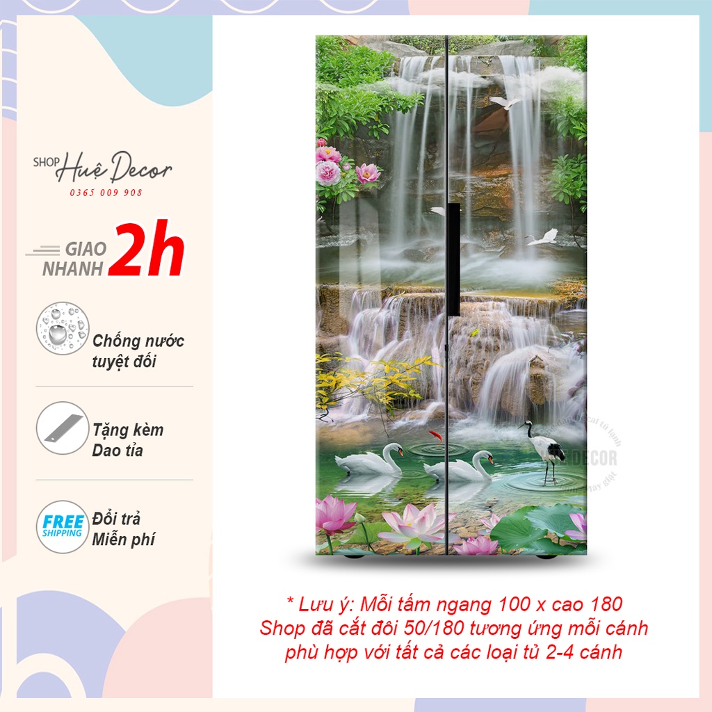 Miếng dán decal tủ lạnh 2 cánh, 4 cánh Hồ thiên nga