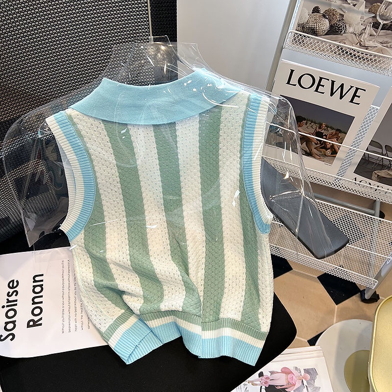 Áo Sát Nách Dệt Kim Dáng Rộng Kẻ Sọc Màu Sắc Tương Phản Thời Trang Mùa Hè Cho Nữ