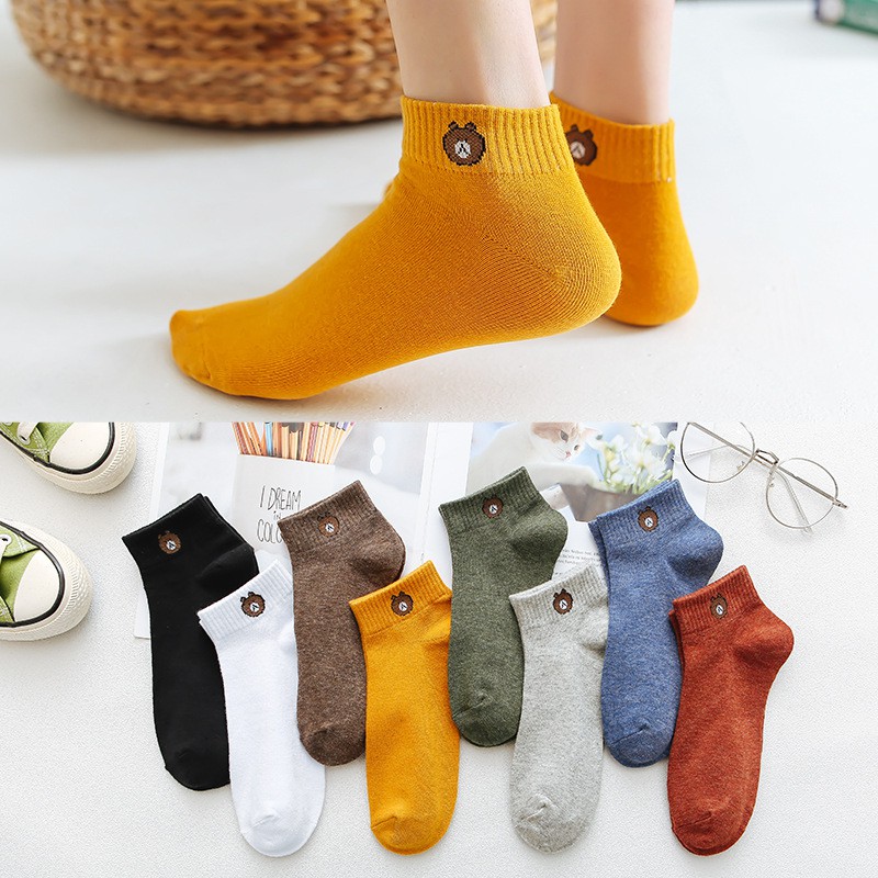 Vớ tất nữ cổ ngắn nhiều màu họa tiết hình gấu Brown thun cotton co giãn thoáng khí thấm hút mồ hôi, dớ chân nữ cổ thấp