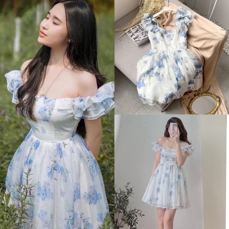 [Ảnh thật/Video]Đầm hoa Blue trễ vai mặc được hai kiểu Hàn Quốc Váy hoa tiểu thư ngọt ngào