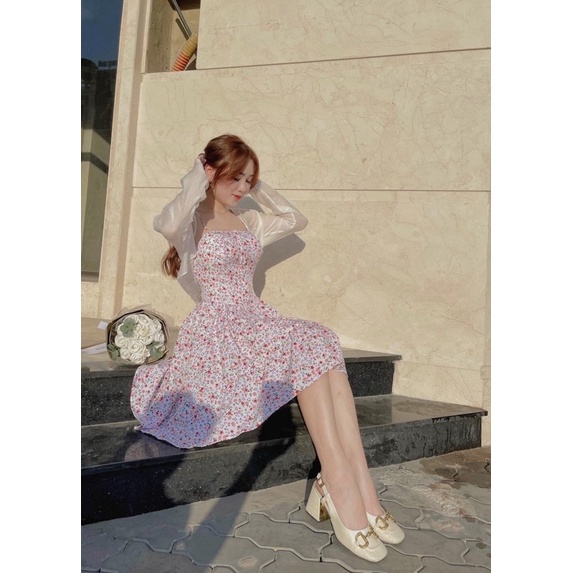 [FREESHIP] SET Đầm 2 dây hoa nhí tùng xoè mix Áo khoác voan mỏng NÀNG CLOSET