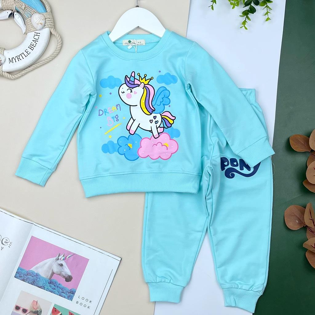 Bộ quần áo nỉ LITIBABY bé gái, hình elsa, pony, chất nỉ da cá bền đẹp, size 2/8T BNBG