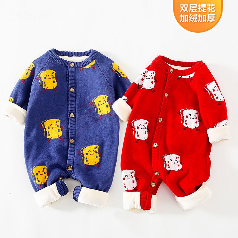 Baby romper winter warmth and velvet thickening one-piece suit, set newborn home pajamas 0-1 year old baby clothes