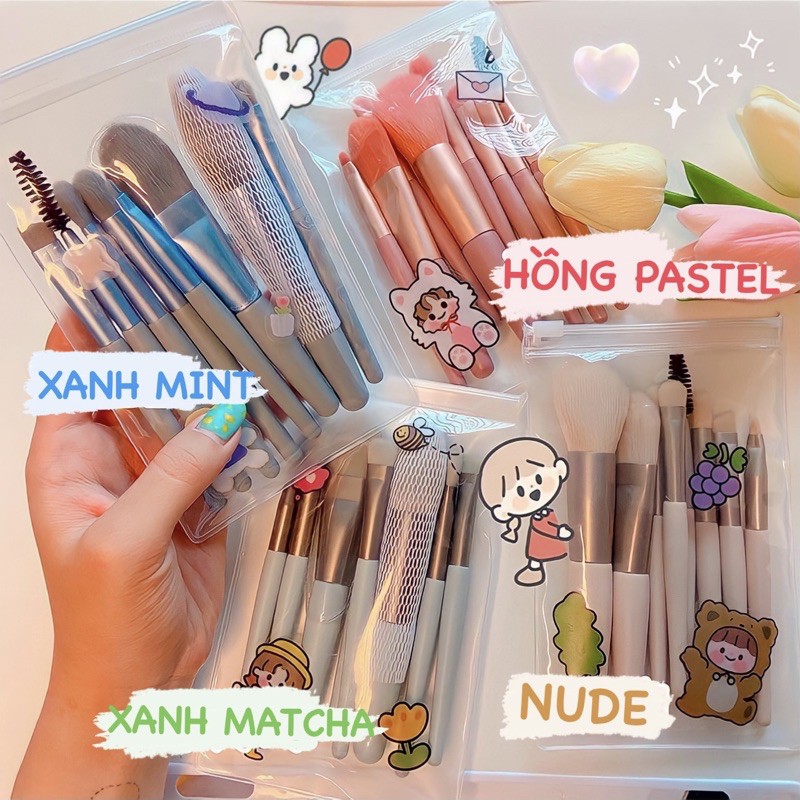 HOT TAOBAO Bộ Cọ 8 Món Cao Cấp Lông Cọ Mềm và Chắc Chắn Set Cọ 8 Cây VINTAGE Kèm Túi Zip Cọ Make Up Trang Điểm Chi Tiết