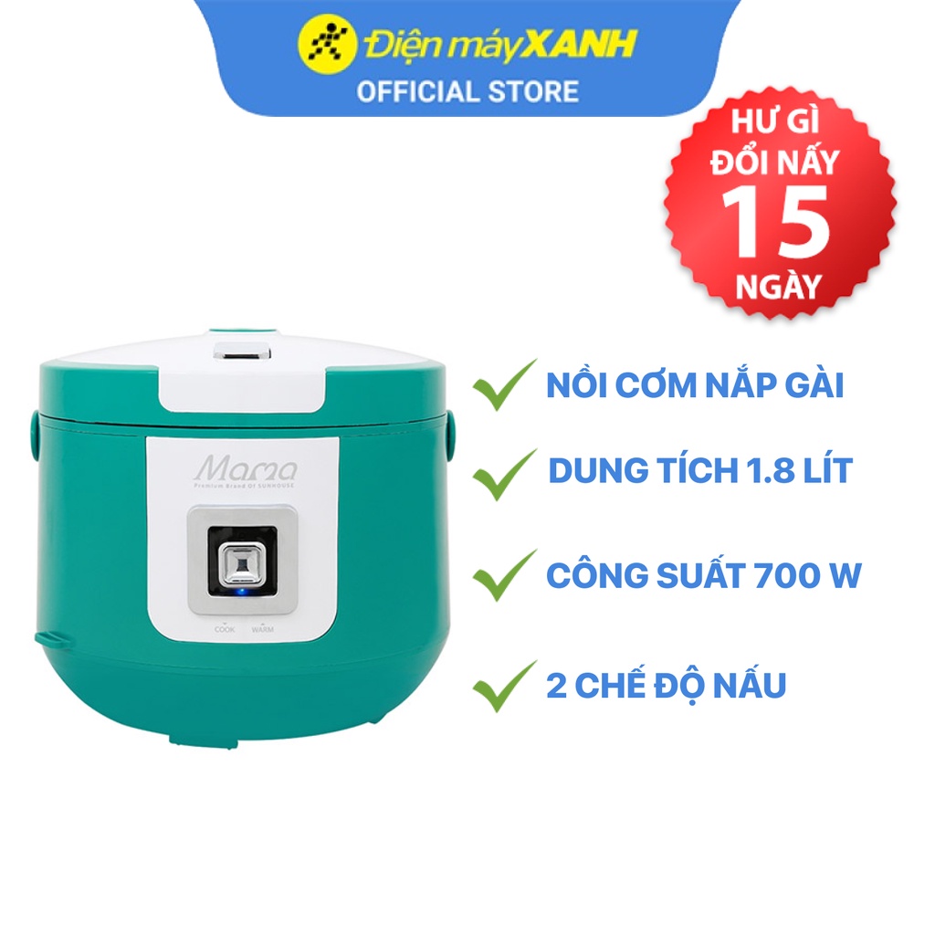 [Mã ELHADEV giảm 4% đơn 300K] Nồi cơm nắp gài Sunhouse 1.8 lít SHD8658G Xanh