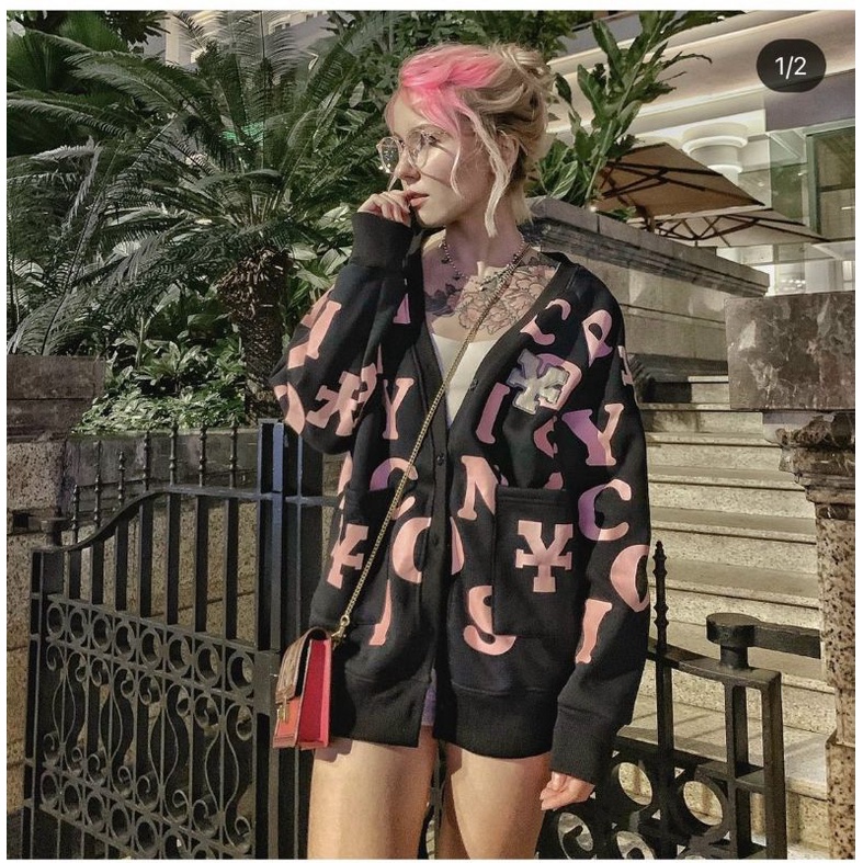 (video thật)Áo khoác Dirty cardigan unisex,Áo cardigan nữ chất nỉ cao cấp form rộng in chữ cái phối màu phong cách hàn