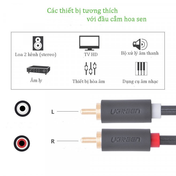 Dây âm thanh AV 2 đầu hoa sen RCA dài 2 mét Ugreen 10518 - Bảo hành chính hãng 18 tháng