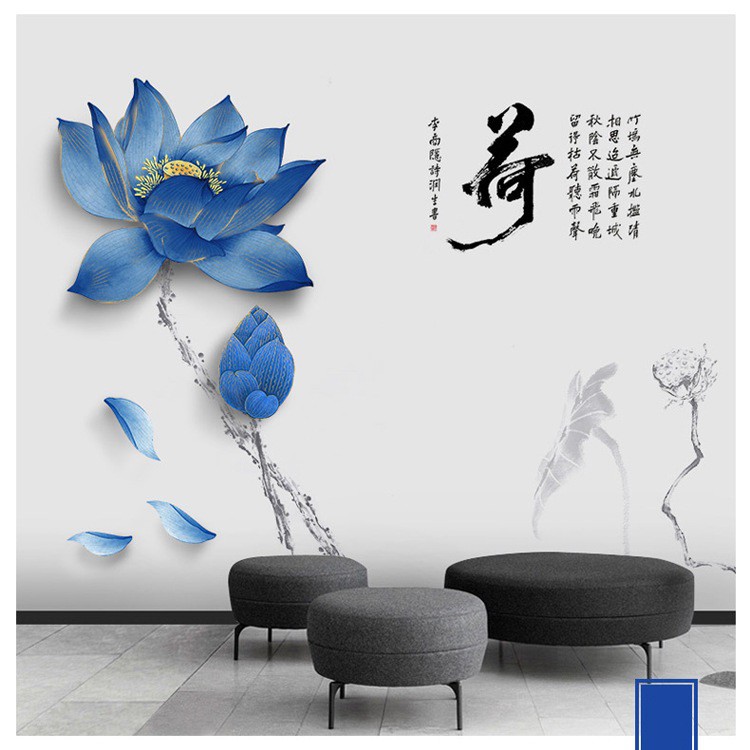 [CHẤT] Decal dán tường Hoa sen xanh thủy mặc trang trí phòng khách siêu đẹp AmyShop