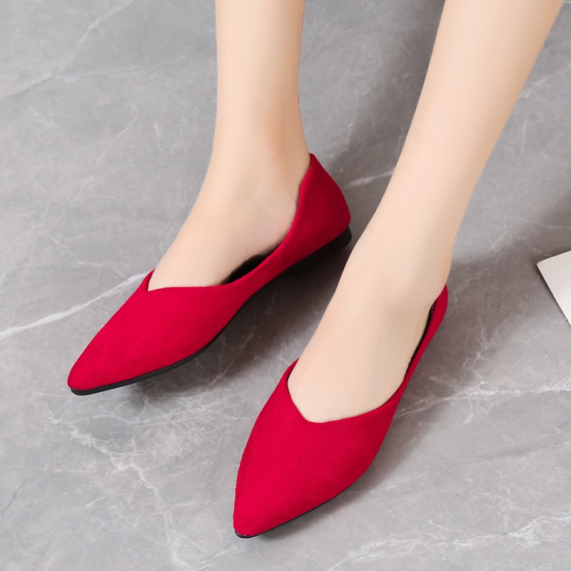 Giày Búp Bê Da Lộn Mũi Nhọn Màu Đỏ Đen Size 41 / 42 / 43 Thời Trang Công Sở Cho Nữ