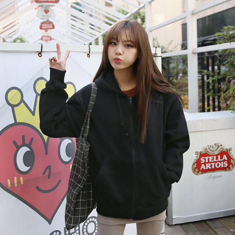 Áo Hoodies Phối Khoá Kéo Màu Trơn Thiết Kế Dáng Rộng Thoải Mái