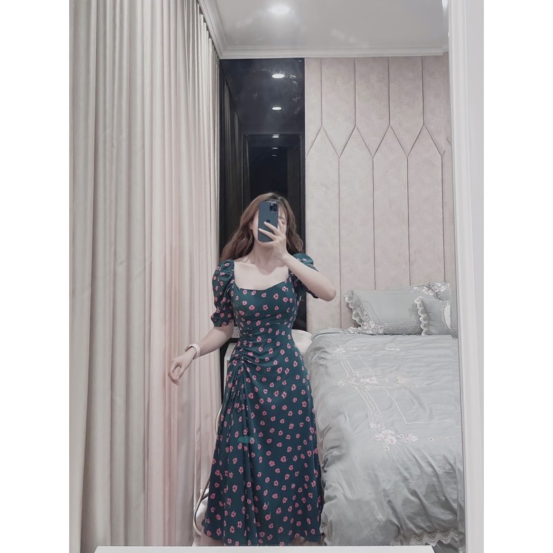 [Mã SKAMA06 giảm 8% tối đa 50K đơn 250K] VNU252 - VÁY XANH LÁ HOA TÍM CỔ VUÔNG DÚM EO | BigBuy360 - bigbuy360.vn