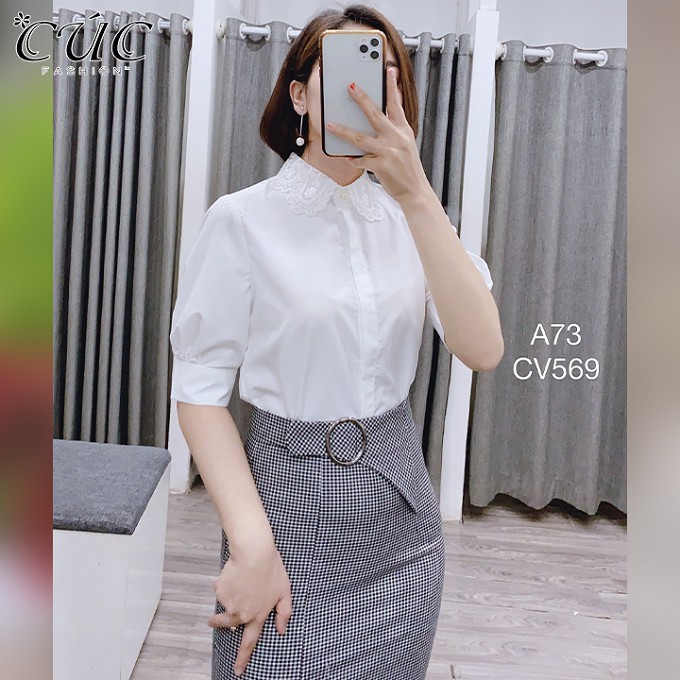 Áo sơ mi nữ công sở cao cấp,thời trang thiết kế Cúc Fashion A96 áo somi cổ ren tay bồng