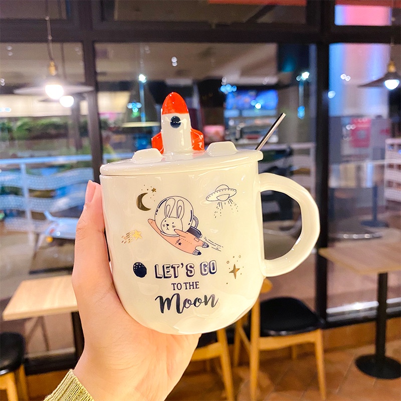 Cốc ly sứ dễ thương có nắp dùng làm kệ điện thoại dung tích 400ml tiện lợi tặng kèm thìa dùng để pha trà pha cafe- Ráp