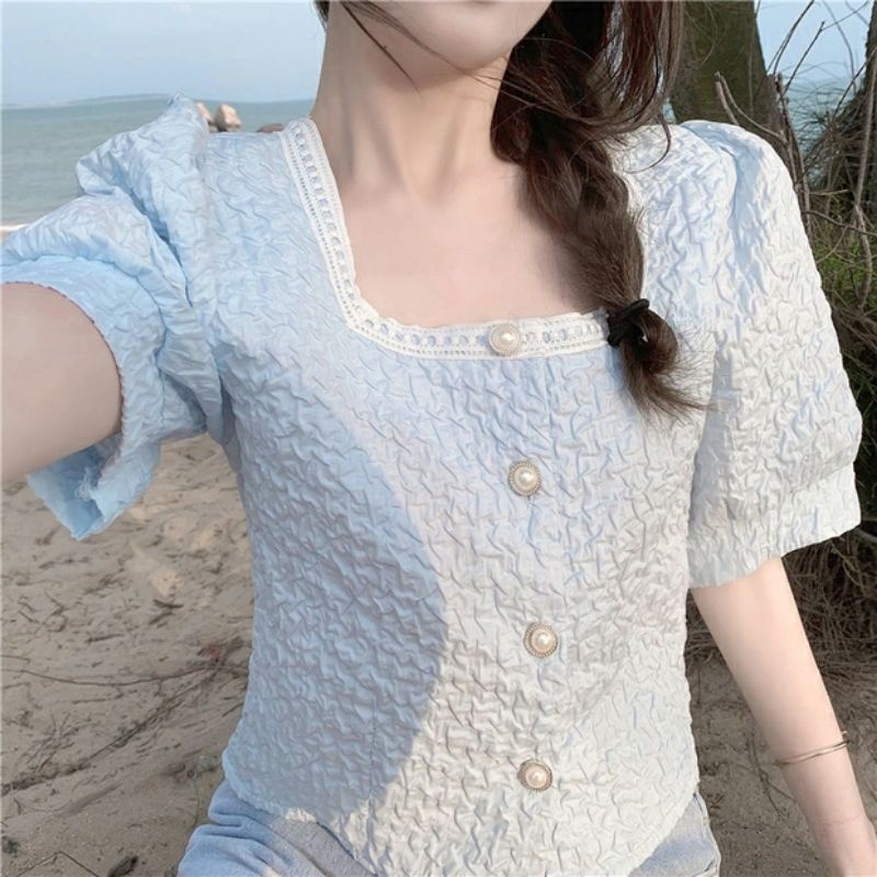 ÁO CỔ VUÔNG DÁNG NGẮN TAY BỒNG VẢI XỐP NỔI 2 MÀU HOT HIT