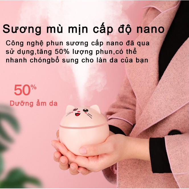 Máy Phun Sương Tạo Độ Ẩm Không Khí Cổng USB Hình Mèo Mini Dễ Thương - Máy Xông Tinh Dầu Dung Tích 300Ml