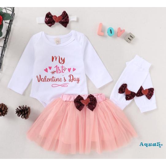 Set áo liền quần dài tay in chữ My 1st Valentine´s Day + chân váy thời trang dự tiệc cho bé gái