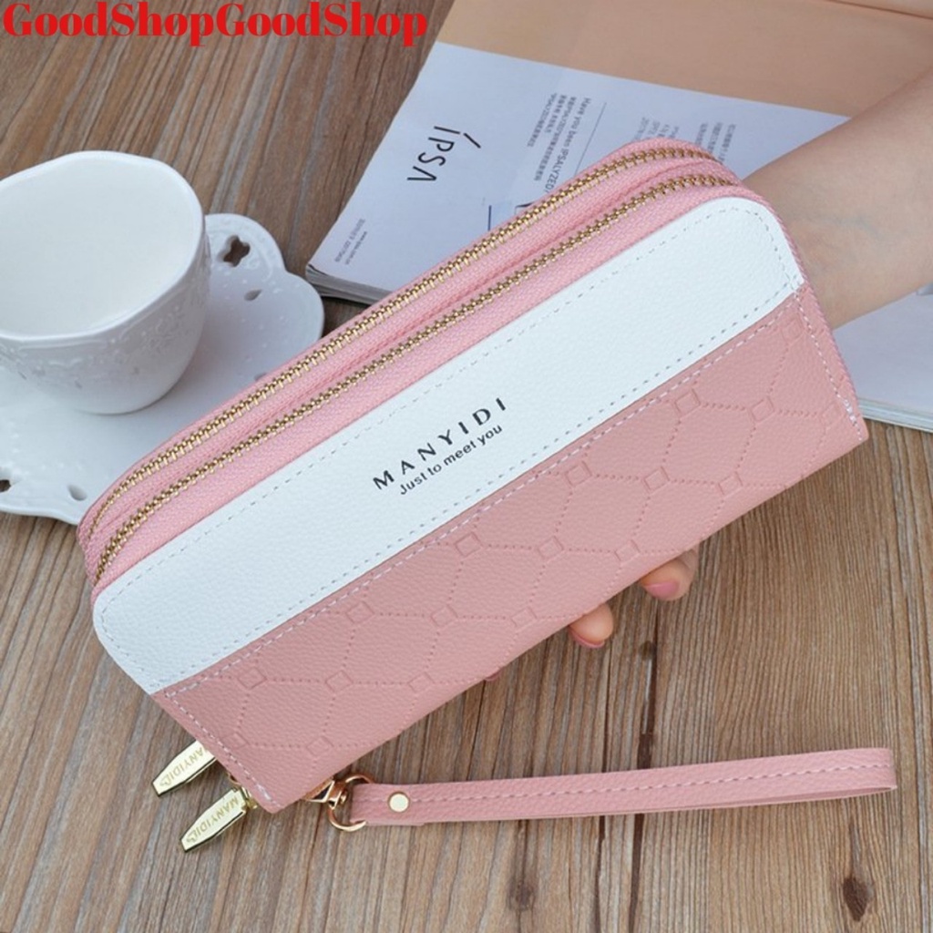 Ví nữ dài cầm tay NEW-0054 phối sọc màu vô cùng đẳng cấp, tinh tế, kiểu dáng 2 khóa kéo tiện dụng, chất liệu da cao cấp