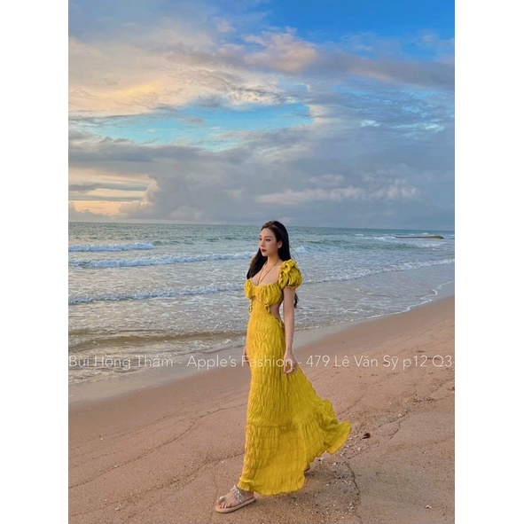 Set maxi xốp 3 món khoét hở eo lưng, đầm váy dài trắng hồng vàng xanh biển/lá thời trang dạo phố đi chơi/biển dễ thương