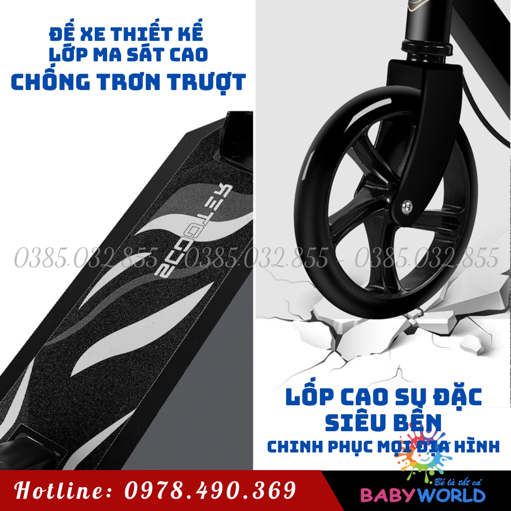 Xe trượt scooter cỡ lớn, có phanh tay, chân chống chịu tải đến 150kg cho thiếu niên và người lớn