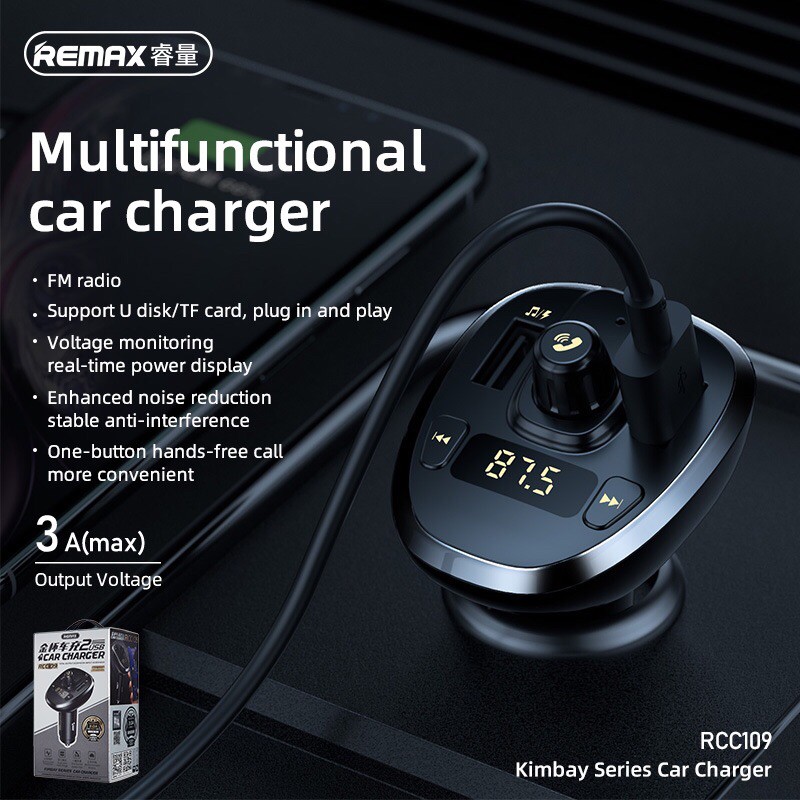 Tẩu sạc oto remax RCC109 2 cổng USB nàm hình led hỗ trợ bluetooth nhận cuộc gọi hỗ trợ nghe nhạc