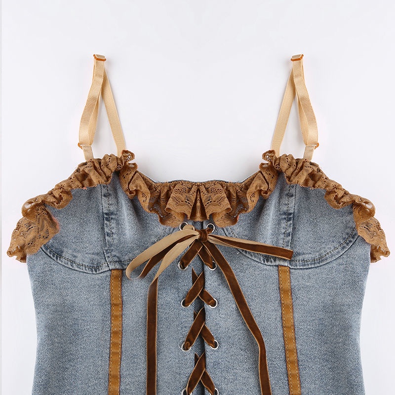 Áo Hai Dây Denim Viền Ren Phong Cách Retro Gợi Cảm Cho Nữ