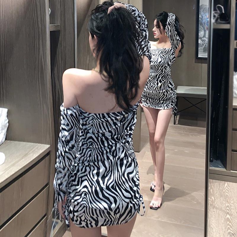 Đầm tay dài ôm dáng họa tiết ngựa vằn đáng yêu phong cách Hàn Quốc Nữ Váy chân váy