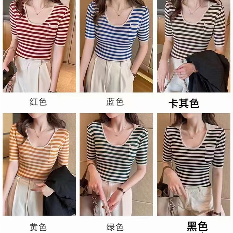 SUXI Áo Thun Dệt Kim Ngắn Tay Họa Tiết Kẻ Sọc Phong Cách Vintage Thời Trang Mùa Hè Cho Nữ