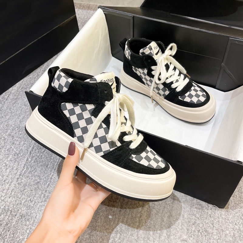 Giày Thể Thao Canvas Cổ Cao Họa Tiết Caro Trắng Đen Thời Trang Cho Nữ