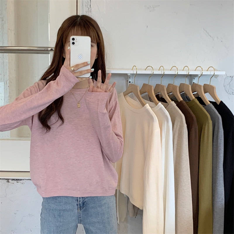 Áo sweater dệt kim tay dài dáng ngắn thời trang cho nữ
