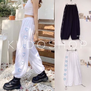 Quần jogger ống rộng nữ họa tiết nhiều tim trẻ trung cá tính/ Quần suông cạp cao lưng thun tôn dáng_kudoshop