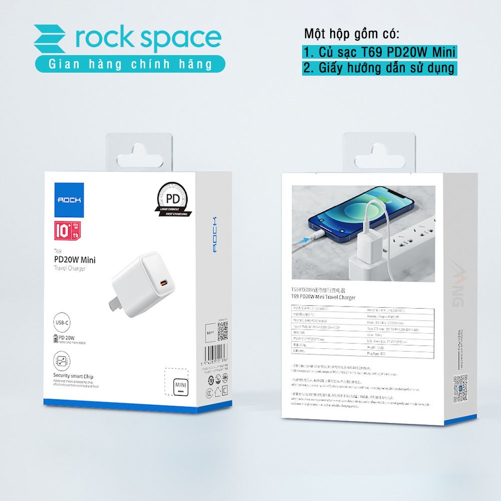 Củ sạc nhanh chuẩn PD 20W Rockspace T69 ổn định không nóng máy hàng chính hãng bảo hành 12 tháng 1 đổi 1
