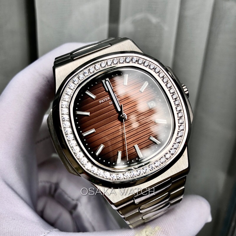 Đồng Hồ Nam Cơ Automatic PP GENEVA Nautilus PT8168KL Viền Kim Cương Dây Kim Loại Lịch Ngày Hàng Chuẩn Cao Cấp - Màu Nâu