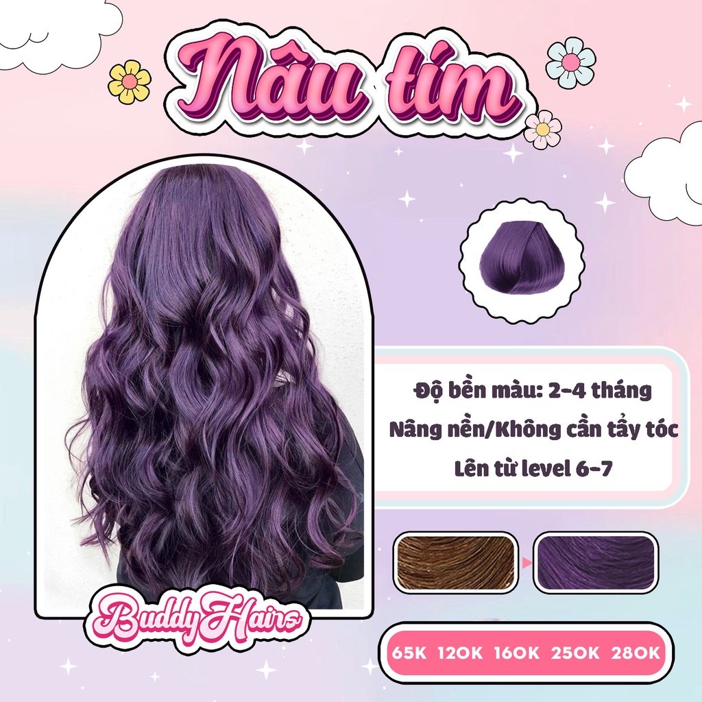 Thuốc nhuộm tóc NÂU TÍM không cần dùng thuốc tẩy tóc buddyhairs tặng kèm găng tay tiện lợi