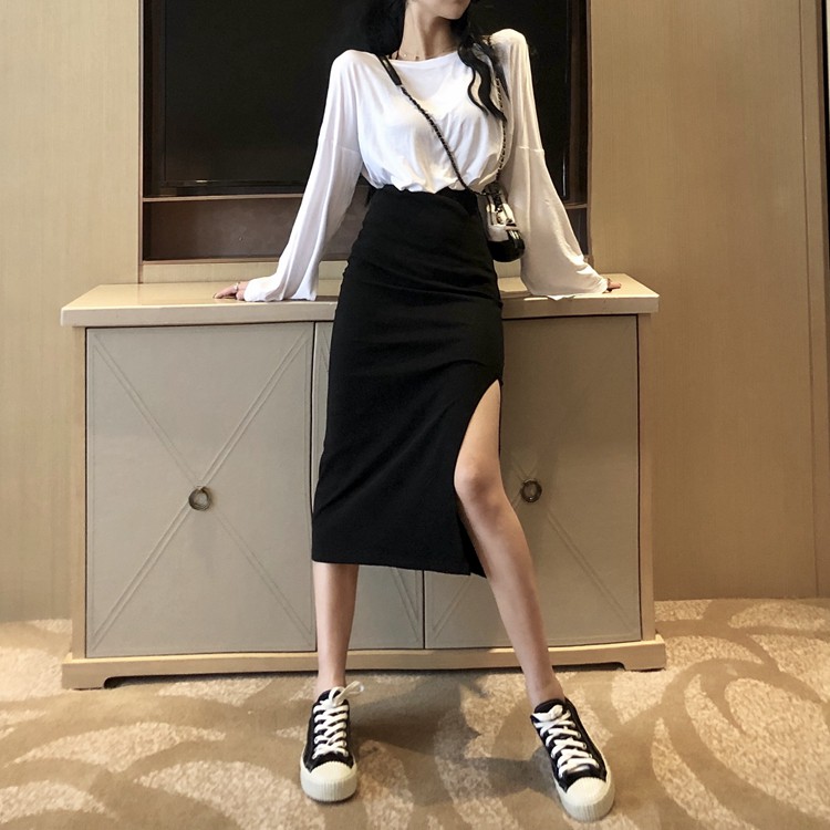 Xiaozhainv Áo thun màu trơn tay dài/ chân váy lưng cao xẻ tà kiểu dáng gợi cảm cho nữ | BigBuy360 - bigbuy360.vn