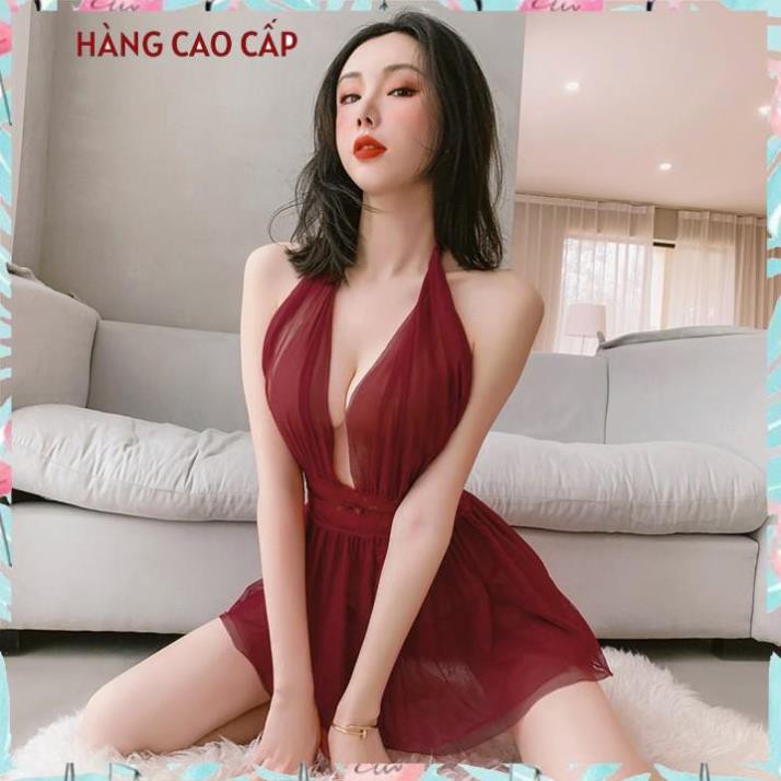 Váy ngủ sexy xuyên thấu cao cấp hở lưng cổ v khoét sâu với màu đỏ đậm quyến rũ Thư Thư [HÀNG CAO CẤP]